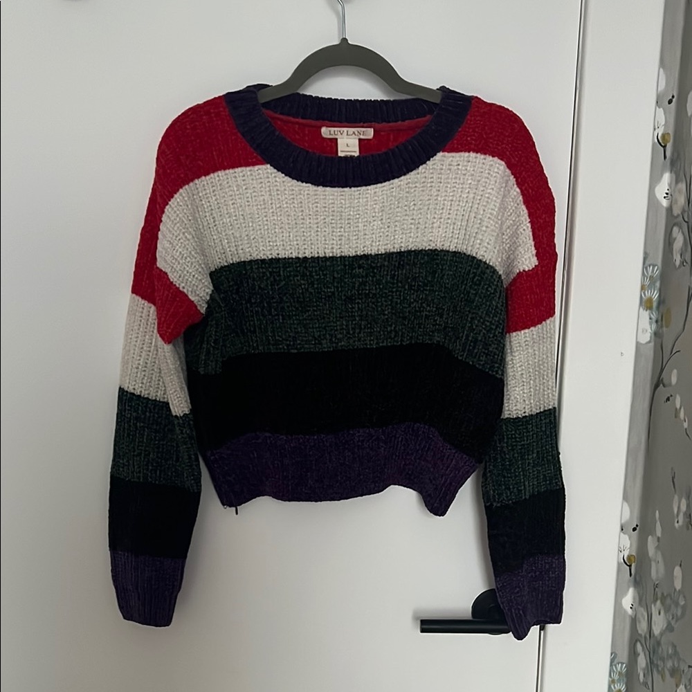 Red and White Crew Neck Sweater with Color Block Design